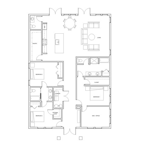 "Digital Download! Everything is drawn by a licensed architect. Plan Specifications: 40'-0\" x 55'-4\" Floor Plan 2,213SF  3 Bedrooms / 2.5 Baths Office/Den Single Story Great for Entertaining in a backyard or outdoor space! Included: - Floor Plan to scale - Floor Plan to scale with dimensions (No exterior Elevations) Feel free to message me if you want a small edit. Please note that while our plans may be used to obtain a permit or HOA approval, Ruby Architecture does not provide endorsement of Loft Layout Floor Plans, Blocksburg House, Plan Rendering, Extension Plans, One Story House, Bungalow Floor Plans, Square Kitchen, Long Kitchen, Cabin Floor