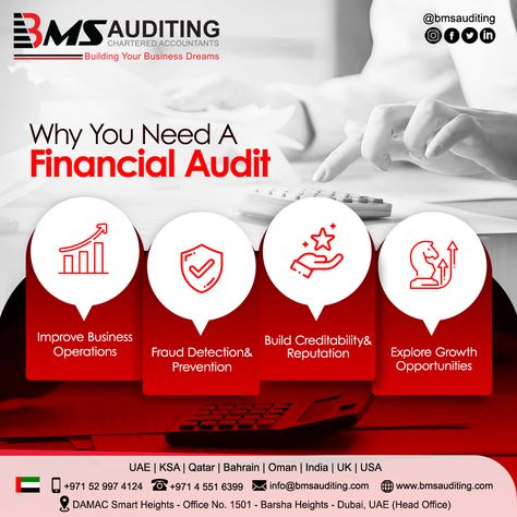 Financial audits are crucial for maintaining transparency and accountability in any organization. At BMS Auditing, we offer comprehensive #financialaudits to help businesses assess their financial health and improve their financial reporting.

Our experienced auditors use the latest tools and techniques to examine internal controls, and other financial records to ensure accuracy and compliance with relevant laws and regulations. Financial Design, Digital Advertising Design, Audit Services, Marketing Poster, Ads Design, Powerpoint Design Templates, Financial Accounting, Dream Chaser, Graphic Design Lessons