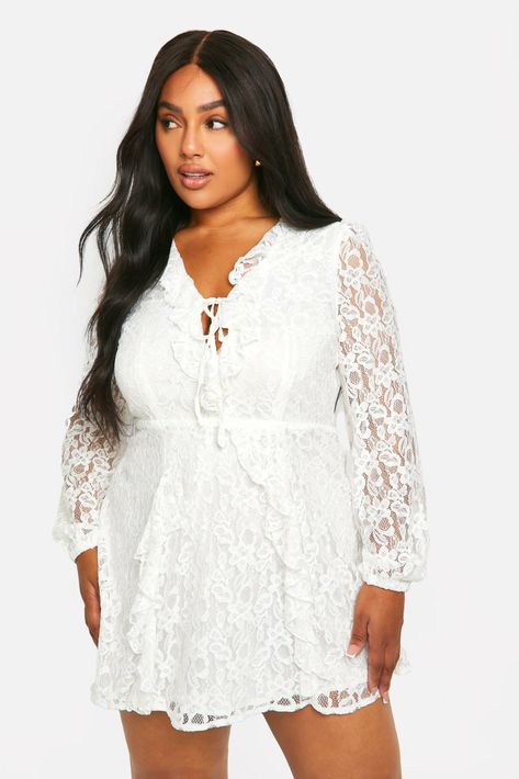 Womens Plus Lace Ruffle Tie Skater Dress - White - 16 - Bring a new kinda attitude in this latest piece from our collection of plus size dresses. Available in UK sizes 16-24, our range of curve dresses carries all the on-trend pieces you need to feel confident. Whether it's a plus size black dress or skater style you're adding to your basket, we promise no more awkward fits, just dresses you... Plus Size Black Dress, Plus Size Black Dresses, Short Playsuit, Plus Size Black, Trending Sunglasses, Skater Style, Lace Ruffle, Curve Dresses, Wedding Bridesmaid Dresses