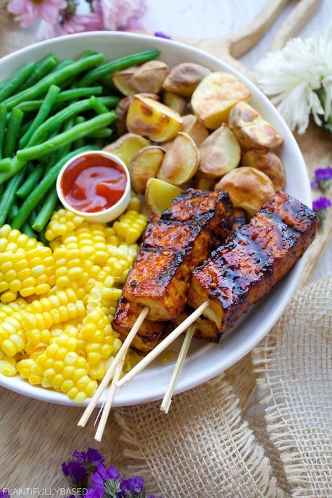 Grilled BBQ Tofu - Plantifully Based Tofu Skewers, Vegetarian Grilling Recipes, Bbq Veggies, Vegan Bbq Recipes, Vegetarian Bbq, Bbq Tofu, Grilled Tofu, Vegan Bbq, Tofu Recipes