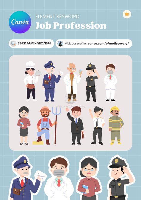 Explore a collection of job profession elements in a fun cartoon illustration style! Perfect for creating educational content, career-themed projects, or playful designs, these high-quality Canva elements showcase various professions like doctors, teachers, chefs, and more. Add a creative and engaging touch to your designs effortlessly!  Hashtags:  #JobProfessions #CartoonIllustrations #CanvaElement #ElementKeyword #CanvaDesign #CreativeEducation #CareerGraphics Canva Character Element, Canva Assets, Canva Graphics, Children Games, Canva Keywords, Keyword Elements Canva, Canva Elements Keyword, Canva Element Keyword, Canva Tips