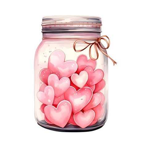 Photo lovely watercolor illustration of ... | Premium Photo #Freepik #photo Hearts Illustration, Valentines Clipart, Heart Watercolor, Love Clipart, Jar Of Hearts, Valentines Illustration, Jar Art, Heart Hands Drawing, Valentine Clipart