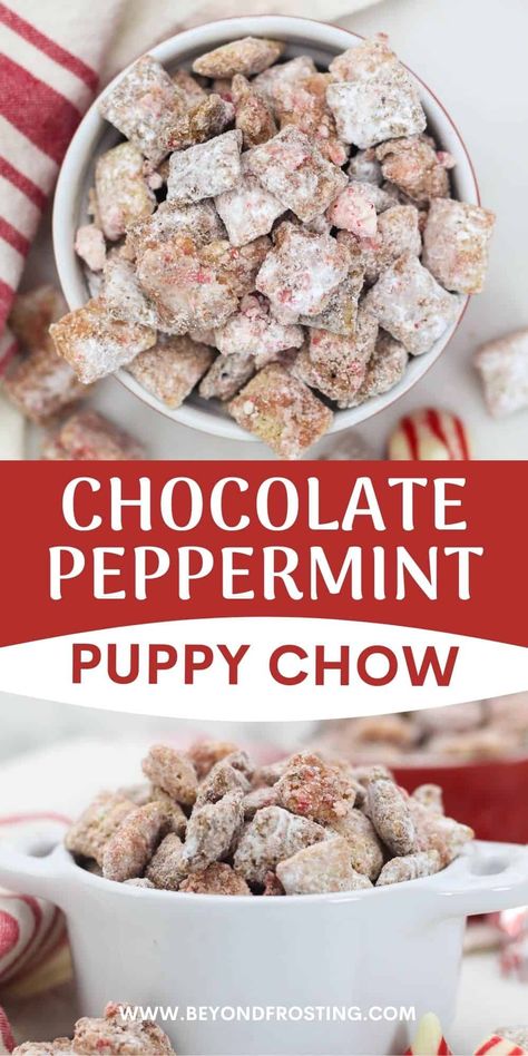 This Peppermint Puppy Chow is a simple yet crowd-pleasing holiday treat made with chocolate Chex, peppermint candy, and chocolate spread. It's the perfect Christmas dessert! Peppermint Puppy Chow Recipe, Peppermint Puppy Chow, Puppy Chow Cookies, Puppy Chow Christmas, Puppy Chow Chex Mix Recipe, Chow Puppy, Chex Mix Puppy Chow, Chocolate Chex, Holiday Snack