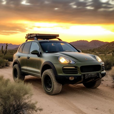 2009 Olive green metallic Porsche Cayenne on a desert road with rally style off road tires. Offroad Porsche, Lifted Cayenne, Cayenne Overland, Porsche 4x4, Porsche Cayenne Interior, Porsche Truck, Toyota Sequioa, Cayenne Porsche, Subaru Forester Xt