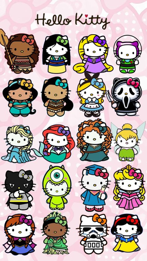 Cartoon Paper Craft, Hello Kitty Sanrio Characters, Hello Kitty Loteria, Cute Posters For School Projects, Hello Kitty As Characters, Hello Kitty Art Wallpapers, Sanrio Graphic Design, Egyptian Hello Kitty, Harry Potter Hello Kitty