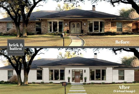 Favorite Whites for Your Home's Exterior | Blog | brick&batten Ranch House Exterior, House Makeovers, Brown Roof, Stucco Homes, Home Exterior Makeover, Brick Exterior House, Exterior Makeover, Home Exterior, Exterior Remodel