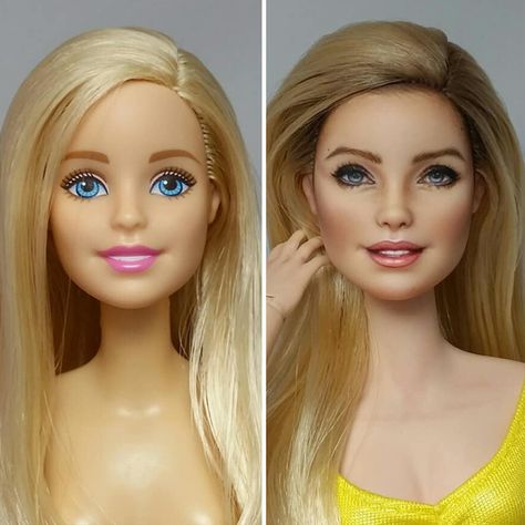 Artist Repaints Dolls In A More Realistic Way Barbie Haircut, Barbie Doll Face, Barbie Doll Makeup, Barbie Repaint, Realistic Barbie, Barbie Face, Doll Face Paint, Barbie Sewing Patterns, Custom Barbie