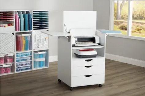 The Best Cricut Desk: Cricut Storage Solutions - A Touch of LA Desk For Cricut Machine, Cricut Storage Cart, Crafting Desks Work Spaces, Cricut Table Ideas, Small Cricut Workspace, Cricut Desk Ideas, Home Office And Craft Room Combo, Cricut Station, Cricut Storage Ideas