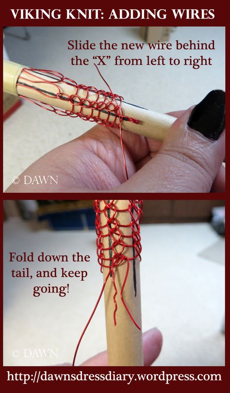 How to add subsequent wires when creating Viking Knit. Article on blog Viking Knit Tutorial, Viking Weave, Viking Knitting, Knit Tutorial, Viking Knit Jewelry, Arte Viking, Wire Knitting, Wire Crochet Jewelry, Knit Jewelry