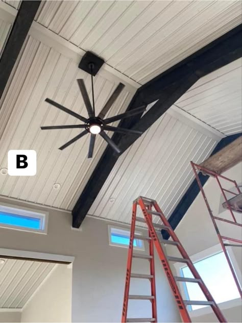 Metal Interior Ceiling, Metal Ceiling Design Interiors, Metal Ceiling Barndominium, Sheet Metal Ceiling Ideas, Metal Vaulted Ceiling, Barndominium Metal Ceiling Ideas, White Metal Ceiling Ideas, Bolted Ceiling, Metal Ceiling Ideas Corrugated Sheets