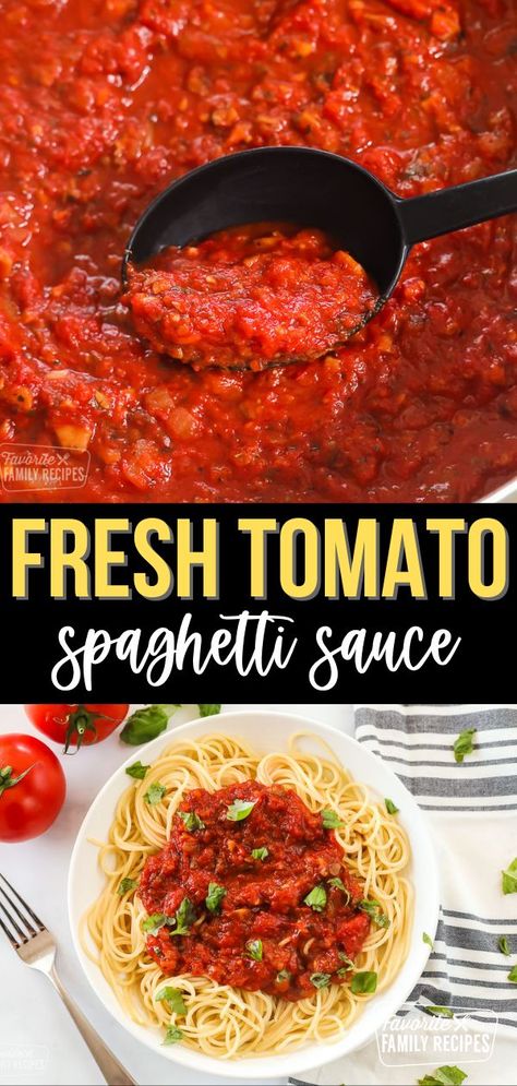 Spaghetti Sauce takes on a fresher, more vibrant flavor when you make it with juicy garden tomatoes. Spaghetti Sauce with Fresh Tomatoes will stay good in the refrigerator for about three to four days. Any longer than that, you may just want to freeze it for later. #freshtomatosauce #tomatosauce #homemadetomatosauce #spaghettisauce #freshtomatoes Homemade Spaghetti Sauce Easy With Garden Tomatoes, Homemade Spaghetti Sauce With Garden Tomatoes, Spaghetti Sauce Recipe From Fresh Tomatoes, Spagetti Sauce From Fresh Tomatoes, Spaghetti Sauce Homemade Fresh Tomatoes Recipes, Pasta Sauce Recipes From Fresh Tomatoes, Fresh Garden Tomato Spaghetti Sauce, Real Tomato Spaghetti Sauce, How To Make Fresh Spaghetti Sauce