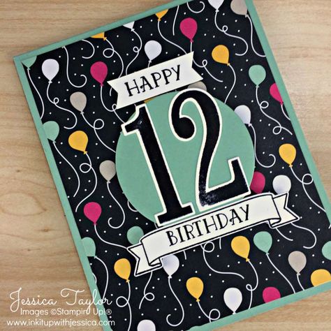 Fun idea for a handmade 12th Birthday Card. Made with the Number of Years stamp set & It's My Party Paper from Stampin' Up! Kids Stamps, Stampin Up Birthday Cards, Cool Birthday Cards, Girl Birthday Cards, Birthday Cards For Boys, Bday Cards, Boy Cards, Birthday Card Template, 12th Birthday