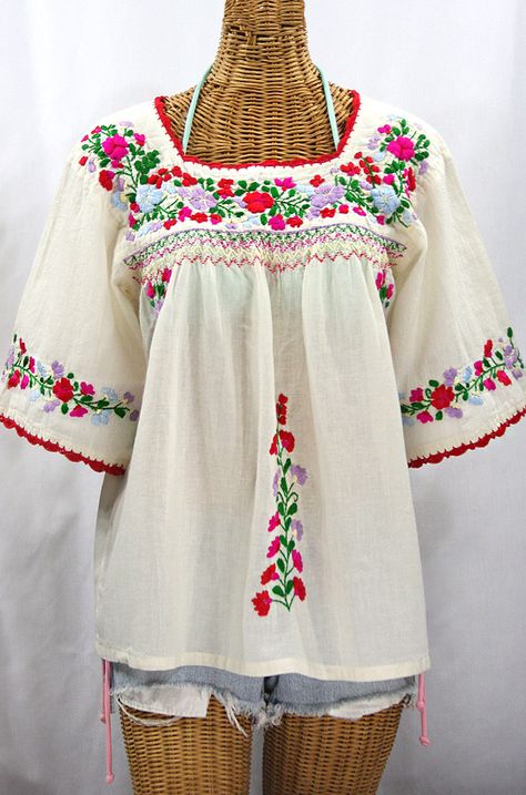 "La Marina" Embroidered Mexican Peasant Blouse -Off White + Bright Multi Mexican Peasant Dress, Folk Style Peasant Top With Embroidered Border, Mexican Tops, White Peasant Embroidered Top, Embroidered Hippie Peasant Top, Embroidered Peasant Blouse, Peasant White Embroidered Blouse, White Embroidered Folk Peasant Top, Mexican Peasant Blouse