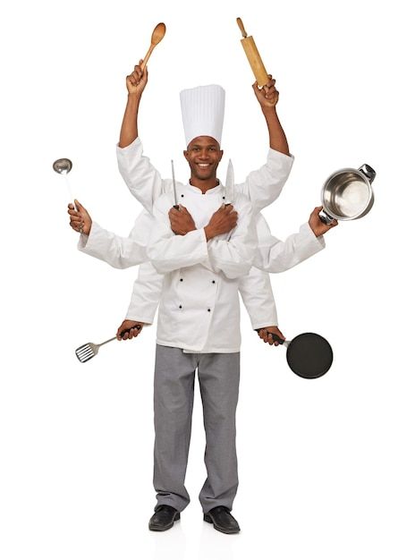 Multitasking is a chefs game a chef with... | Premium Photo #Freepik #photo #man-cooking #happy-chef #people-cooking #man-holding Chef Working, Person Cooking, Cook People, Cooking Stand, Chef Images, Chef Work, Man Cooking, Iron Chef, Standing Poses