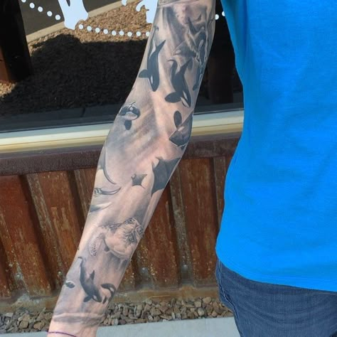 Black And Grey Underwater Tattoo, Under Ocean Tattoo, Under Water Tattoo Sleeve, Orca Tattoo Sleeve, Ocean Tattoos Men, Under Water Tattoo, Ocean Leg Sleeve Tattoo, Ocean Tattoo Sleeve, Ocean Themed Tattoos