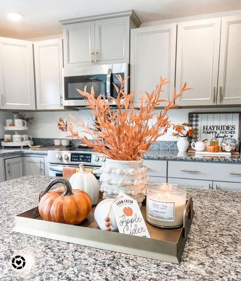 Fall Decor For Grey Kitchen, Simple Fall Island Decor, Decorating Kitchen Table For Fall, Fall Decor For Island, Kitchen Bar Fall Decor, Fall Kitchen Counter Decor Ideas, Fall Decor For Kitchen Counter, Kitchen Island Decor Fall, Fall Decor For Kitchen Island