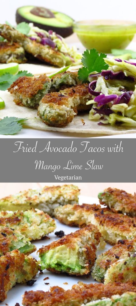 Fried Avocado Tacos with Mango Lime Slaw Fried Avacodo, Fried Avocado Tacos, Joyous Apron, Fried Avocado, Avocado Tacos, Lime Slaw, Mango Slaw, Avocado Taco, Vegan Scones