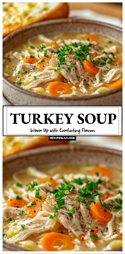 Cozy up with my comforting turkey soup that’s bursting with flavor! Packed with tender turkey, vibrant carrots, and savory herbs, it’s the perfect dish to warm you up on chilly days. Perfect for using leftover turkey or just indulging in a hearty bowl of goodness! Leftover Turkey Healthy Recipes, Barley Soup Crockpot, Turkey Barley Soup, Turkey Soup Recipes, Recipes With Turkey, Turkey Leftover Recipes, Using Leftover Turkey, Homemade Turkey Soup, Shredded Turkey Recipes