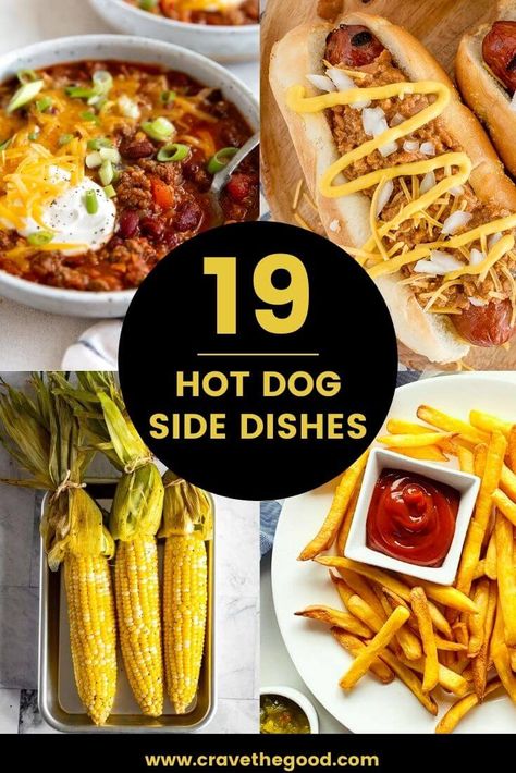 What To Serve With Hot Dogs | Who doesn't love a delicious hot dog? But sometimes, you want something a little different to go with your dog. That's why we've put together this list of amazing side dishes that will take your meal to the next level. Whether you're in the mood for a healthy salad or some decadent mac and cheese, we've got you covered. So scroll through our list and find the perfect side dish for your next hot dog feast! cravethegood.com Chili Cheese Dogs Sides, Chili Dogs Sides, What Goes With Hot Dogs Sides, Chili Dog Side Dishes, Hot Dog Side Dishes Ideas, What To Serve With Hot Dogs, Sides With Hot Dogs, Sides To Go With Hot Dogs, Sides For Hotdogs