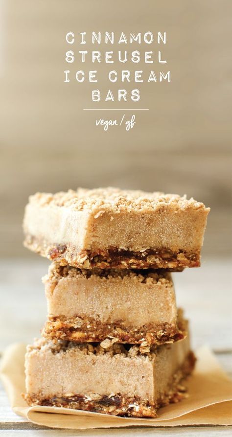 Chewy base, chilly cinnamon center, sweet sprinkles of streusel--these bars are a delicious dessert or healthy snack! Vegan, gluten-free, and low-fat... Vegan Ice Cream Recipe, Ice Cream Bars, Cinnamon Streusel, Frozen Dessert Recipe, Dairy Free Ice Cream, Vegan Ice Cream, Icecream Bar, Vegan Dessert Recipes, Vegan Treats