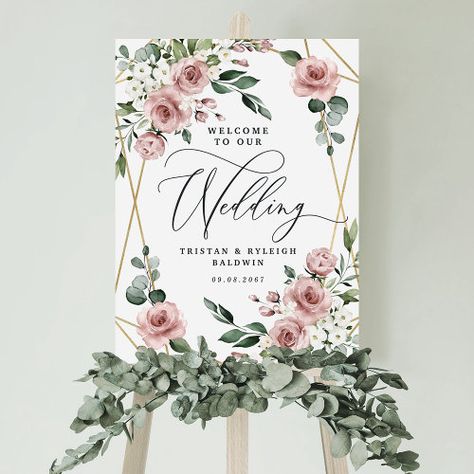 Welcome to Our Wedding Dusty Pink Geometric Sign Summer Craft - welcome to our wedding sign, vintage dusty rose pink mauve, gold geometric elegant outdoor ceremony, botanical floral watercolor dusky roses, sage eucalyptus greenery wreath leaves, bohemian spring green leafy foliage, romantic flowers and dark foliage, modern summer rose garden themed, rustic autumn fall rosy color, unique script font with name Wedding Dusty Pink, Dusty Pink Weddings, Dusty Rose Wedding, Sage Green Wedding, Greenery Wedding Invitations, Theme Color, Welcome To Our Wedding, Romantic Flowers, Wedding Welcome Signs