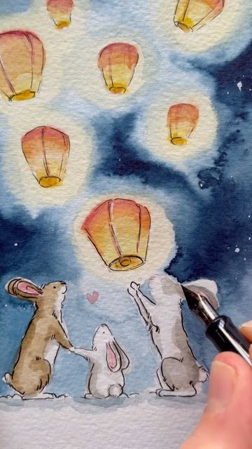 Ellie Hooi Illustration on Instagram: "Make a wish bunnies are now available as an A4 size print and greeting card 💙💫 I loved painting this starry sky and the floating lanterns • • • #floatinglanterns #chineselanternfestival #lanternfestival #bunniesofinstagram #rabbitofinstagram #bunnylover #rabbitlife #drawingvideo #artvideo #artworkoftheday #artwip #wipart #wipartwork #winterwatch #winterillustration #handdrawnart" Sky Lantern Drawing, Chinese Floating Lanterns, Chinese Lantern Drawing, Lanterns Drawing, Floating Lantern Festival, Lantern Drawing, Wish Lanterns, Art Competition Ideas, Festival Paint