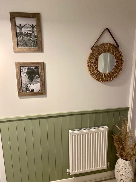 Olive green hallway panelling Hall Stairs And Landing Decor Sage Green, Hallway Panels Ideas, Sage Panelling Hallway, Olive Hallway Ideas, Wall Paneling Green, Sage Green Panelling Hallway, Sage Green Paneling, Olive Green Panelling Living Room, Sage Green Wainscotting