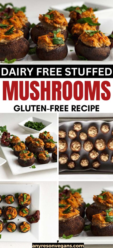 These dairy free stuffed mushrooms are also vegan and gluten-free. They are the perfect appetizer for your next party or side dish for a meal. Dairy Free Stuffed Mushrooms, Gluten Free Stuffed Mushrooms, Vegan Stuffed Mushrooms, Mushroom Appetizers, Mushroom Caps, Stuffed Mushroom, Vegan And Gluten Free, Stuffed Mushroom Caps, Perfect Appetizers