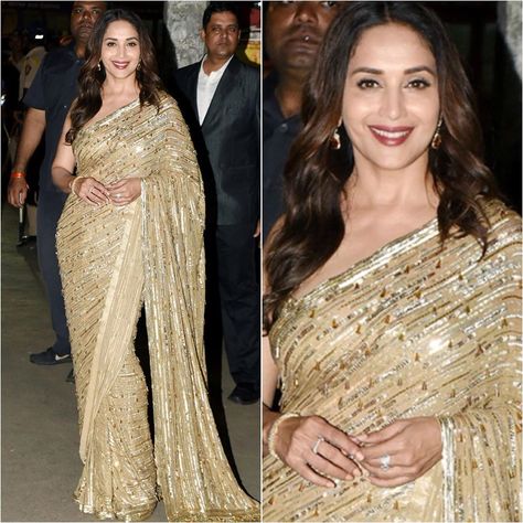 A Fashionista's Diary on Instagram: “@madhuridixitnene  Sari - @manishmalhotra05 @mmalhotraworld  Styled by - @shaleenanathani @disha_punjabi  #bollywood #style #fashion…” Golden Sequence Saree, Red Saree Blouse, Sequence Saree, India Love, Bollywood Style, Madhuri Dixit, Red Saree, Stylish Blouse, Saree Look