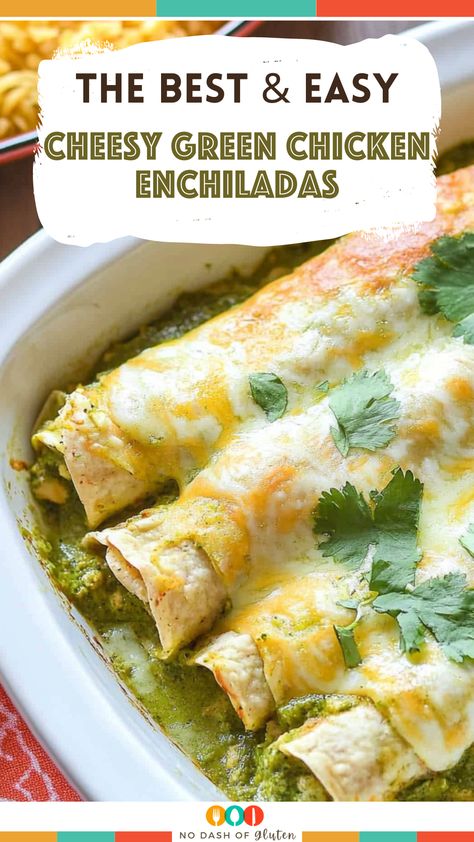 These Cheesy Green Chicken Enchiladas are loaded with tender chicken, green chiles, and plenty of melty cheese, all wrapped in soft tortillas and topped with a rich green enchilada sauce. Perfect for a quick and easy dinner! Whether you're feeding the family or prepping ahead, these enchiladas will become your go-to comfort food. Don't forget to pin this for later! Try it tonight and share your results! Creamy Turkey Enchiladas, Chicken Lime Enchiladas, Enchilada Easy Recipe, Green Enchiladas With Cream Cheese, Quick Chicken Enchiladas Easy Dinners, Creamy Chicken Enchiladas Verde, Easy Chicken Enchiladas Using Rotisserie Chicken, Chicken And Green Chili Enchiladas, Green Enchilada Sauce Chicken Crockpot