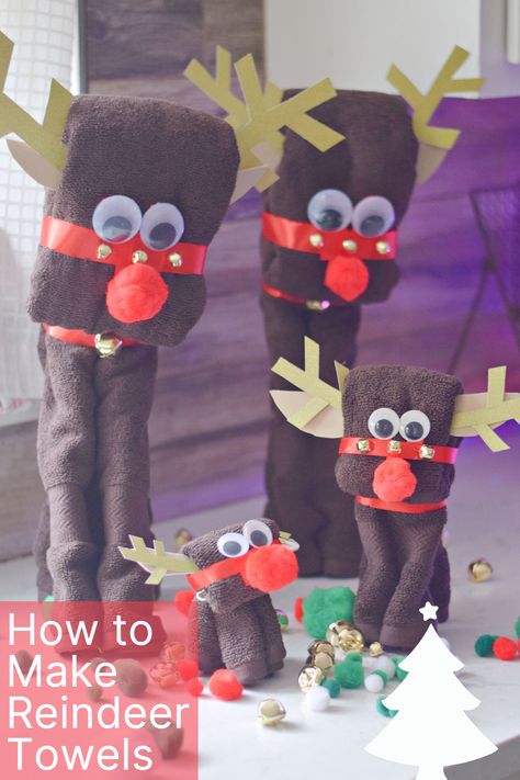 This no-sew reindeer towel craft is so much fun to make and a cute homemade Christmas Gift to give to your loved ones Candy Bar Gifts, Candy Sleigh, Homemade Christmas Gift, Reindeer Ears, Christmas Learning, Red Pom Poms, Baby Reindeer, Baby Washcloth, Easy Christmas Gifts