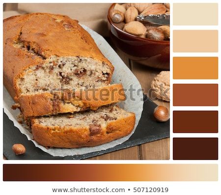 Homemade Banana Cake With Nuts And Chocolate. Palette With Complimentary Color Swatches Bread Color Palette, Logo Brainstorming, Homemade Banana Cake, Nuts And Chocolate, Exhibition Graphics, Chocolate Palette, Chefs Kitchen, Banana Cake, Complimentary Colors