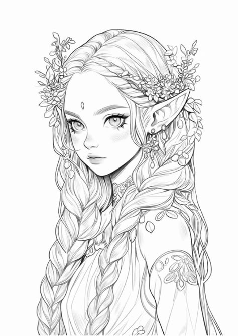 Elf Girl Drawing, Free Fairy Coloring Pages, Elf Coloring Pages, Princess Portrait, Elf Coloring, Elf Drawings, Elf Princess, Manga Coloring Book, Witch Coloring Pages