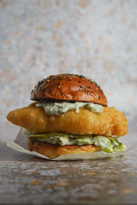 beer battered fish sandwich Potato Bun, Beer Battered Cod, Battered Cod, Fish Burger, Homemade Tartar Sauce, Beer Battered Fish, Beer Battered, Battered Fish, Fish Sandwich