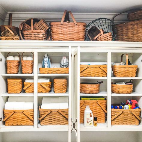 Decorate With Longaberger Baskets, Decorating With Longaberger Baskets, Baskets Above Kitchen Cabinets, Decorating With Longaberger, Longerberger Baskets, Decorating With Baskets, Vintage Window Decor, Longaberger Basket Ideas, Decorate With Baskets