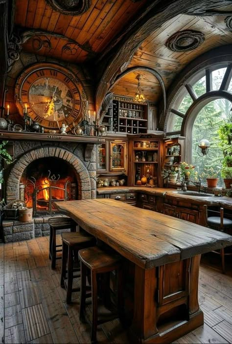 Lord Of The Rings Kitchen, Fairytale Cottage Kitchen, Skyrim Kitchen, Storybook Homes Interior, Storybook Kitchen, Mansion Cabin, Fairytale House Interior, Stone And Wood House, Hobbit Kitchen