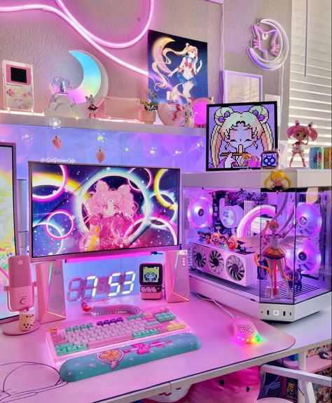 Games Room Inspiration, Kawaii Room Ideas, Nerd Room, Pink Games, Gamer Setup, Gamer Room Decor, Otaku Room, Pc Gaming Setup, Pc Setups