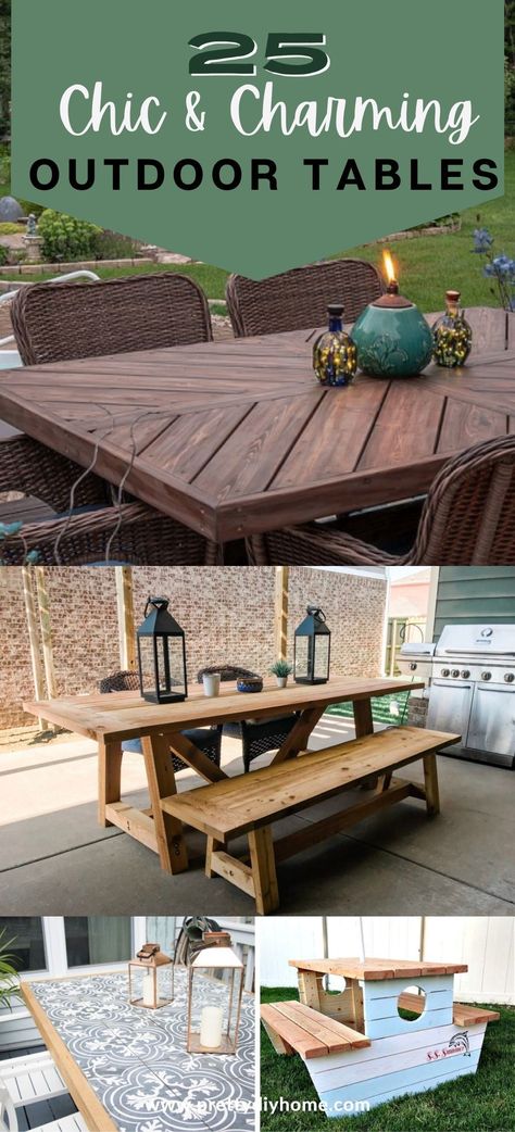 Lots of different outdoor table ideas to make an outdoor dining table for much less! Beautiful ideas for farmhouse, rustic, boho and modern picnic tables. Outdoor Farmhouse Table Decor, Unique Picnic Table Ideas, Patio Table Ideas Outdoor, Repurposed Outdoor Table, Rustic Outdoor Table Decor, Picnic Table Centerpieces Outdoor, Outdoor Tabletop Decor, Patio Table With Bench, Outdoor Table Decor Ideas