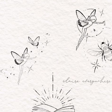 Claire Benson on Instagram: "Constantly asked for more fairies so here’s more fairies 🧚 (& a fairytale) 
Would you get a fairy tattoo?

#fairytattoo #tattooideas #finelinetattoo #flashdesign #fantasybook #fairytale" Fairy Dust Tattoo, Fairytale Tattoo Ideas, Dust Tattoo, Fairytale Tattoo, Flash Design, Winter Fairy, Fairy Tattoo, Fine Line Tattoos, Fairy Dust