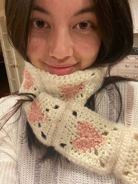 Crochet Heart Scarf, Aesthetic Crochet Scarf, Crochet Scarf Cute, Crochet Muffler, Heart Granny Square, Heart Scarf, Granny Square Scarf, Crochet Skull, Crochet Fairy