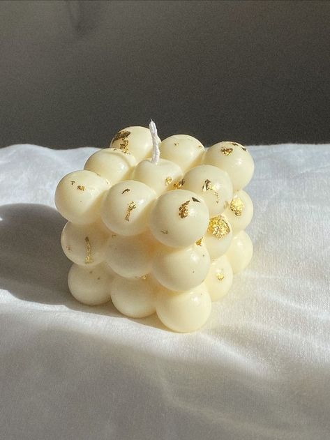 White Bubble Candle with Delicate Golden Leaf Foil Candle Party Favors, Bubble Candle, Glitter Candles, Golden Leaf, Candle Party, Driving Pictures, Candles Crafts, Golden Leaves, Diy Candles