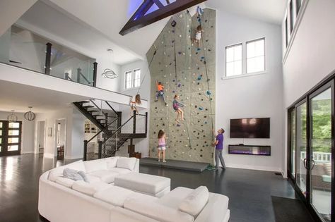 Inside Rock Climbing Wall, Rock Climbing In House, Indoor Home Rock Climbing Wall, House Climbing Wall, Rock Wall In Living Room, Home Rock Wall Indoor Climbing, Rock Climbing At Home, Living Room Climbing Wall, Rock Wall In House