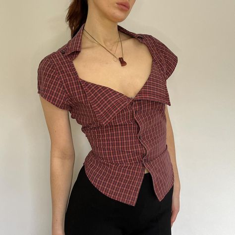 DÉCOLLETAGE BLOUSE  ‘The farmer’s... - Depop Button Up Upcycle, Tokyo Fits, City Cowgirl, Autumn Sewing, Fashion Angels, The Farmer, High Fashion Outfits, Corset Back, Red Plaid