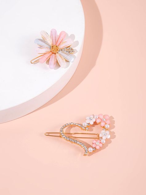 Multicolor    Metal Plain Hair Clips    Kids Accessories Lunar Flowers, Flower Wreath Hair, Sweet Accessories, Hair Accessories Collection, Hair Accessories Set, Hair Accessories Clips, Flower Decor, Pastel Floral, Heart Decorations