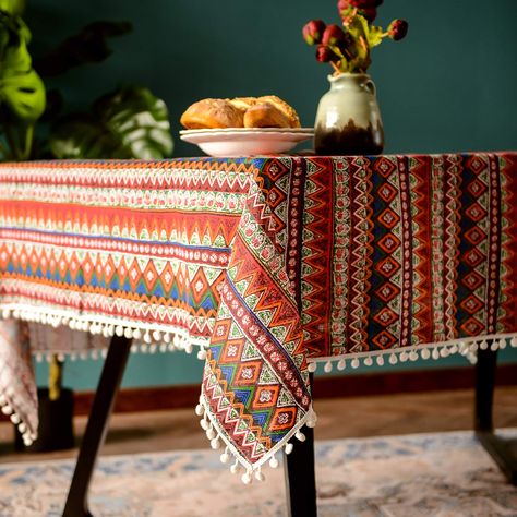 Holiday Dining Room, Bohemian Style Design, Boho Tablecloth, Cover Wrinkles, Red Dining Room, Bohemian Table, Rustic Curtains, African Decor, Rectangle Tablecloth