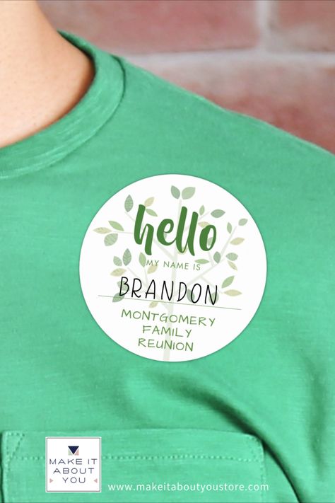 Helpful identification stickers for family reunions and large family gatherings and holidays. A minimalist family tree design in shades of green is faded behind the text with a place to write names and personalized with the title of your event like NAME FAMILY REUNION, RETREAT, VACATION, HOLIDAY, etc. Reunion Name Tags, Hello My Name Is Sticker, My Name Is Sticker, Family Tree Design, Minimalist Family, Family Tree Designs, 2024 Family, Family Reunion Planning, Family Reunions