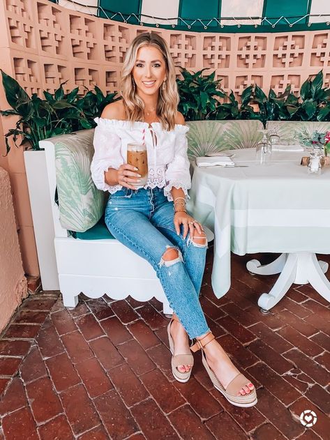 Spring outfit, high rise ripped mom jeans and see by Chloe wedges. Off shoulder white top is perfect for spring and summer! Wedge Outfit Spring, Outfits With Wedges, Wedge Outfit, Cabo Outfits, Los Angeles Itinerary, Loving Tan, Wedges Outfit, Outfit With Wedges, Brixton Hat