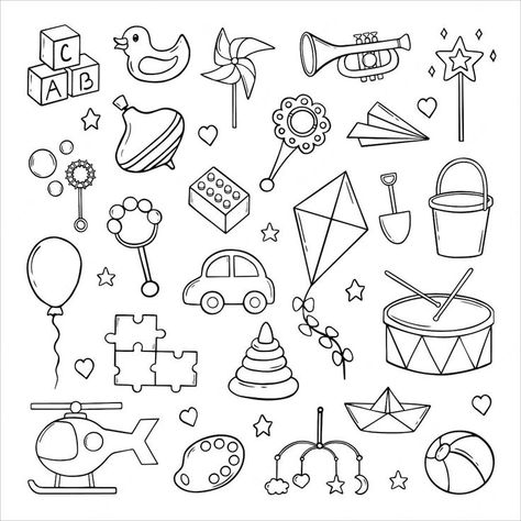 Toys Doodle, Pandora Kids, Disney Coloring Pages Printables, Toys Drawing, Banner Doodle, Wall Drawings, Birthday Doodle, Drawing Toys, Kids Doodles