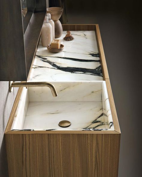 Altamarea Bathroom Sink | love this idea, I would maybe use a black casing and have a copper tap Drømme Bad, Marble Bath, Bad Inspiration, Marble Sinks, Wood And Marble, Bad Design, Marble Bathroom, Luxury Bath, Beautiful Bathrooms