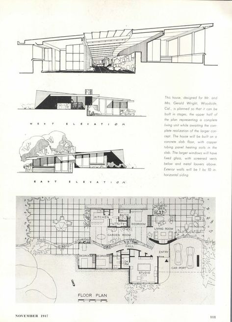 Midcentury House Plans, Plan Interior Design, Industrial House Exterior, Usonian House, Mid Century Modern House Plans, Midcentury Architecture, Architecture Blueprints, 3d Floor Plans, Midcentury House